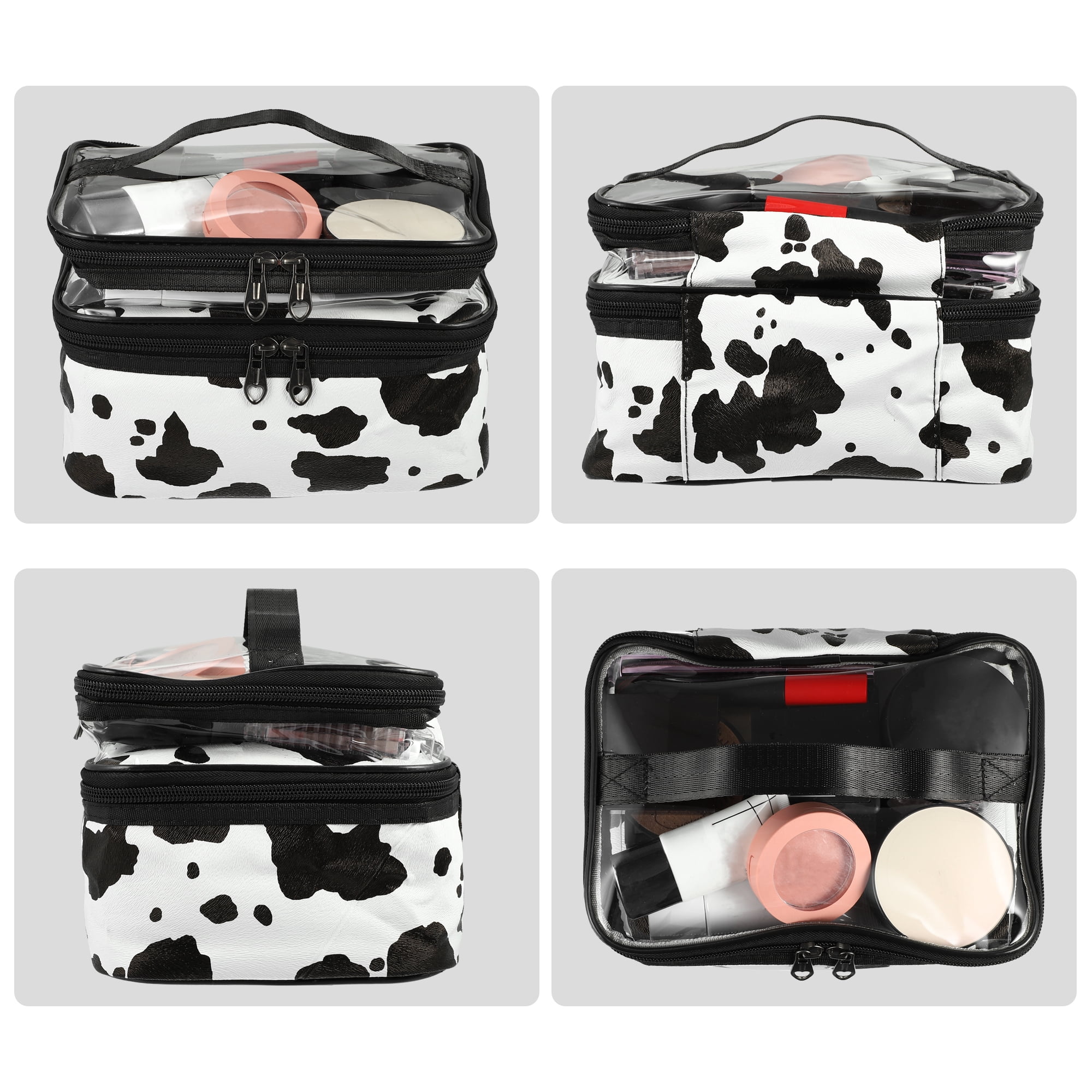 Unique Bargains Double Layer Makeup Bag Cosmetic Bags Organizer Bag Cows Texture White
