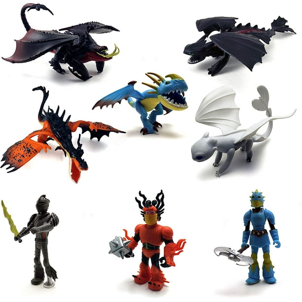 Juguetes de Cómo entrenar a tu dragón - Set de 12 piezas de dragón y vikingo (Furia Luminosa, Desdentao, Hipo) - Juguetes seguros para niños