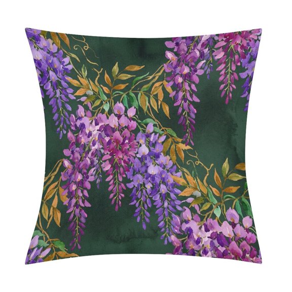 Watercolor Purple Wisteria in Dark GreenSet of 2 Faux Linen Throw Pillow Covers, Soft & Breathable Polyester Cushion Cases