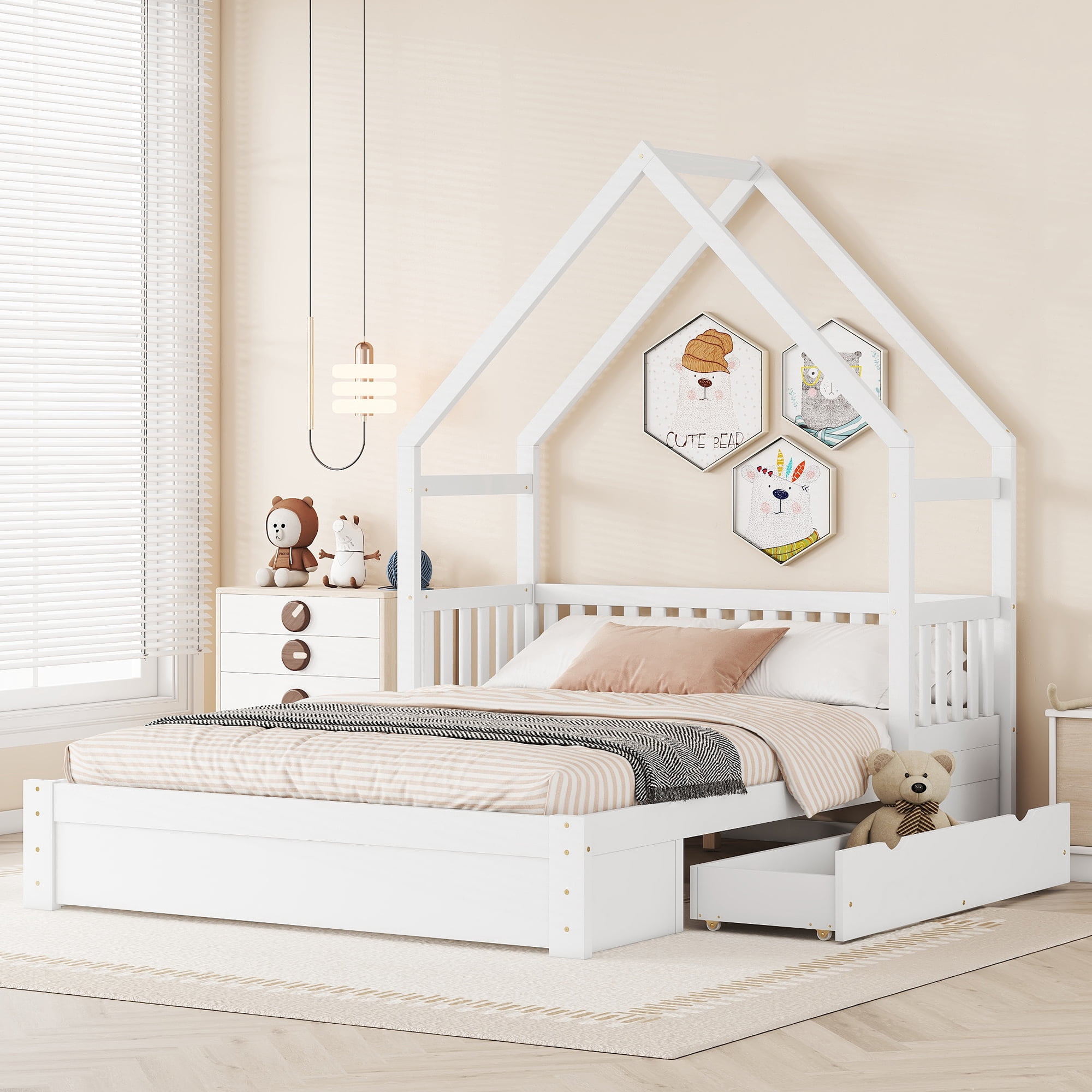 Sailvan Queen Wood House Platform Bed with Guardrail and 2 Storage Drawers White