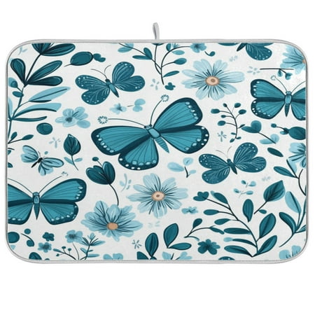 

Light Blue Butterflies Flowers and LeavesKitchen Drying Mat Heat Resistant Drainage with Non-Slip Rubber Backing Hides Stains Super Absorbent Easy to Clean 18×24in
