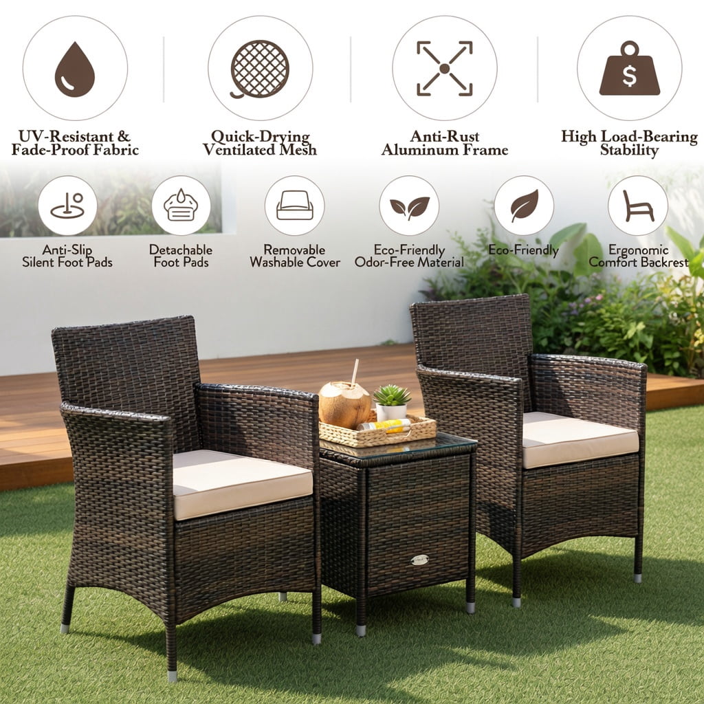 Hommoo 3-Piece Outdoor Wicker Furniture Set, PE Rattan Chairs with Cushions + Tempered Glass Coffee Table for Patio, Garden & Backyard, Brown