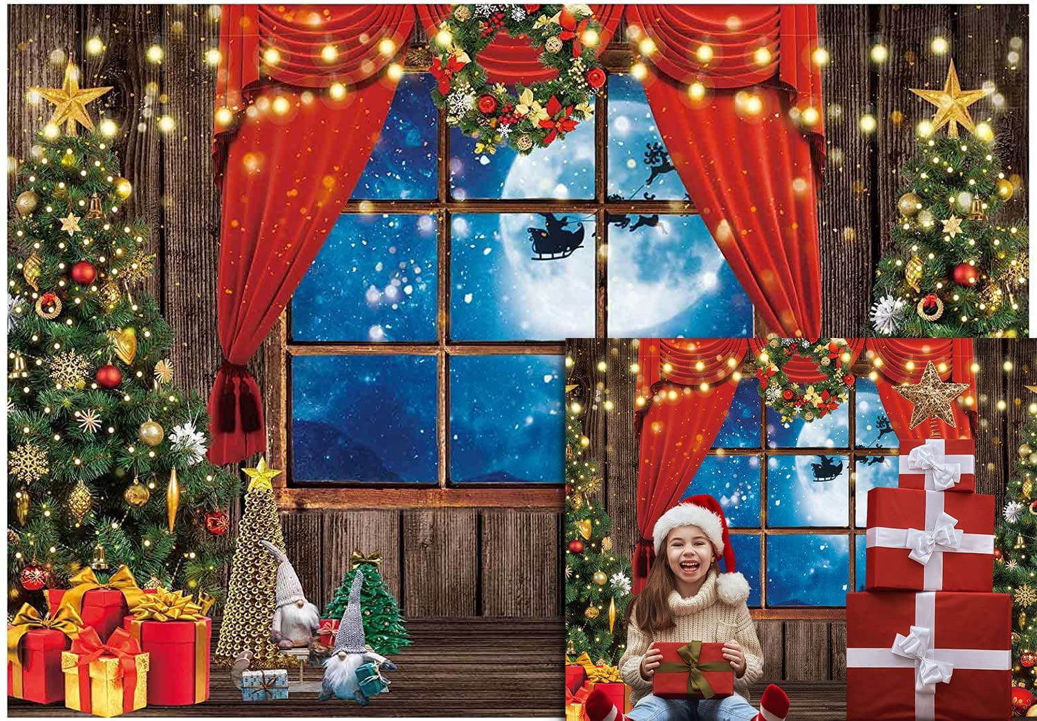 Moon Boat Christmas Photo Door Banner Backdrop Props Xmas/Winter/Holiday Party Hanging Decorations/Supplies/Favors