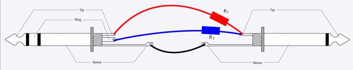 Castline Silver 3.5mm TRS to 1/4" TS Mogami 2582 Stereo to Mono Summing Cable with Resistors (6 Ft)