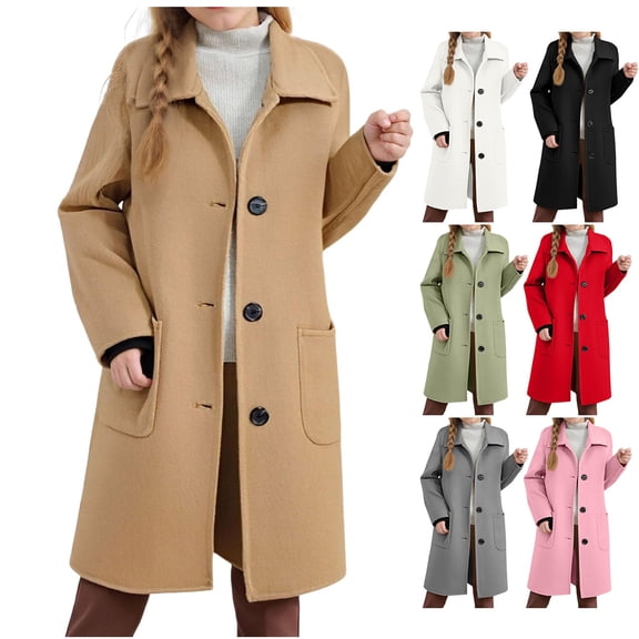 Blekii Girls Notch Lapel Trench Coat, Girls Notch Lapel Trench Coat, Single Breasted Long Jacket with Pockets, Warm Overcoat for Fall Winter Single Breasted Long Jacket Fall Wear, Winter Wear,