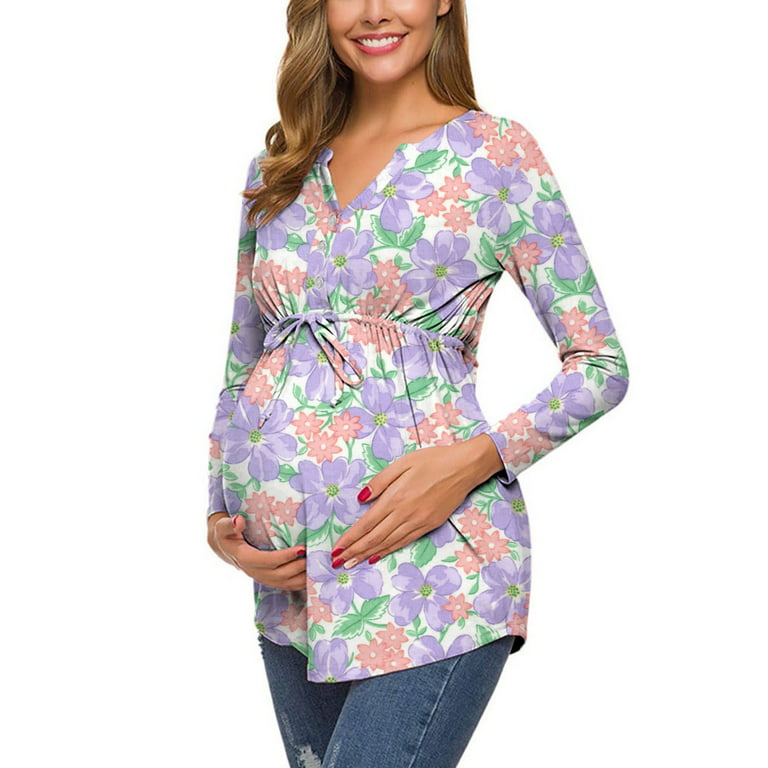 Pregnant Mom Gifts Women Fashion Flowers Leaf Print Long Sleeve Waistband  Maternity Breastfeeding Clothes Top
