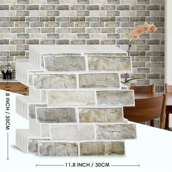 10pcs Peel and Stick 3D Faux Brick Wall Panels - PVC Sheets with Realistic Stone Texture Interlocking Design, Easy Install for Kitchen Backsplash Bathroom Farmhouse Decor