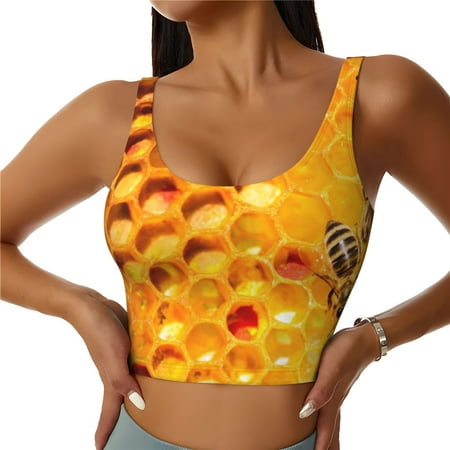 Xecao Bees on Hive Honeycomb for Sports Bra with Removable Pads  Crop Tank Top Design  Women s Longline Sports Bra - Non-Wired - X-Large