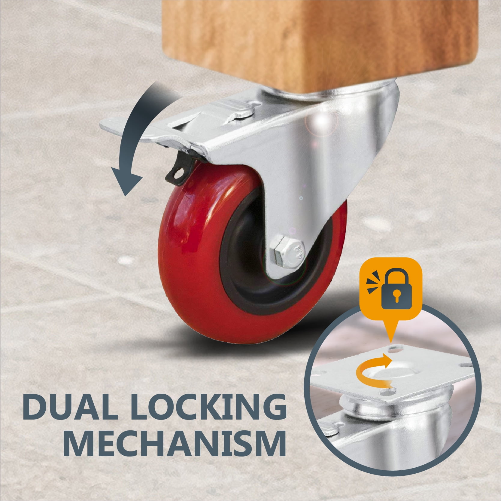 POWERTEC 4PK 3-Inch Swivel Caster Wheels with Brake & 640 lbs Loads, Heavy Duty Plate Casters, Dual Locking PU Castor Wheels for Furniture, Cart, Dolly and Workbench (17205)