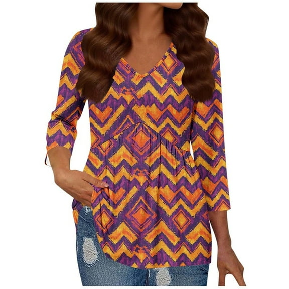 DPTALR George Women's Fashionable Casual Print V-Neck Slim 3/4-Sleeve Tops for Fall,Red,Size XL