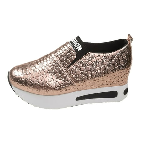OJSFQUFP Womens Casual Shoes Women s Fashion Leather Pressed Thick Soled Casual Slip On Shoes for Gym Travel Work Fashion Sneakers Gold 41