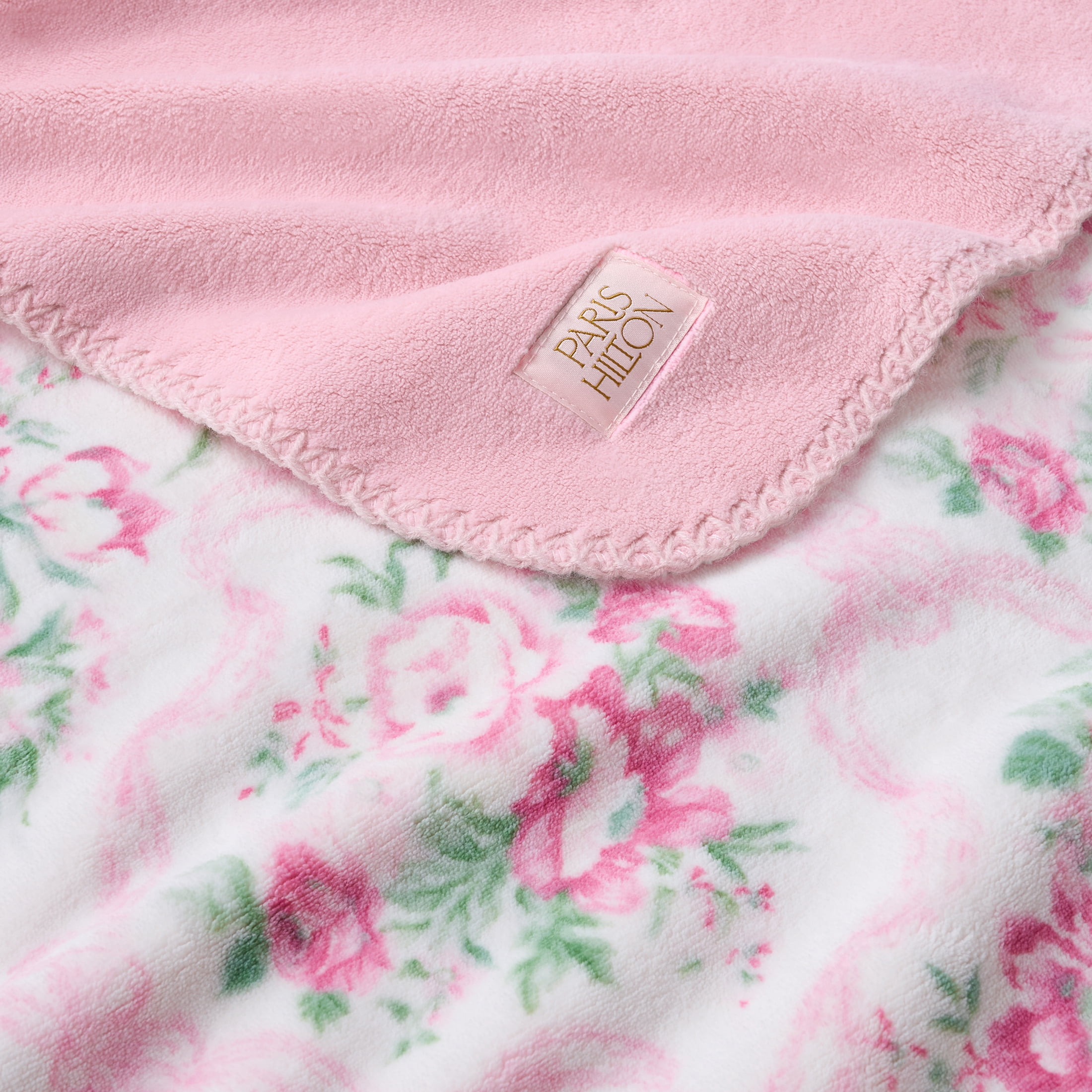 Paris Hilton Plush Throw Blanket, Reversible Fleece, 60" x 70", Pink Coquette Floral