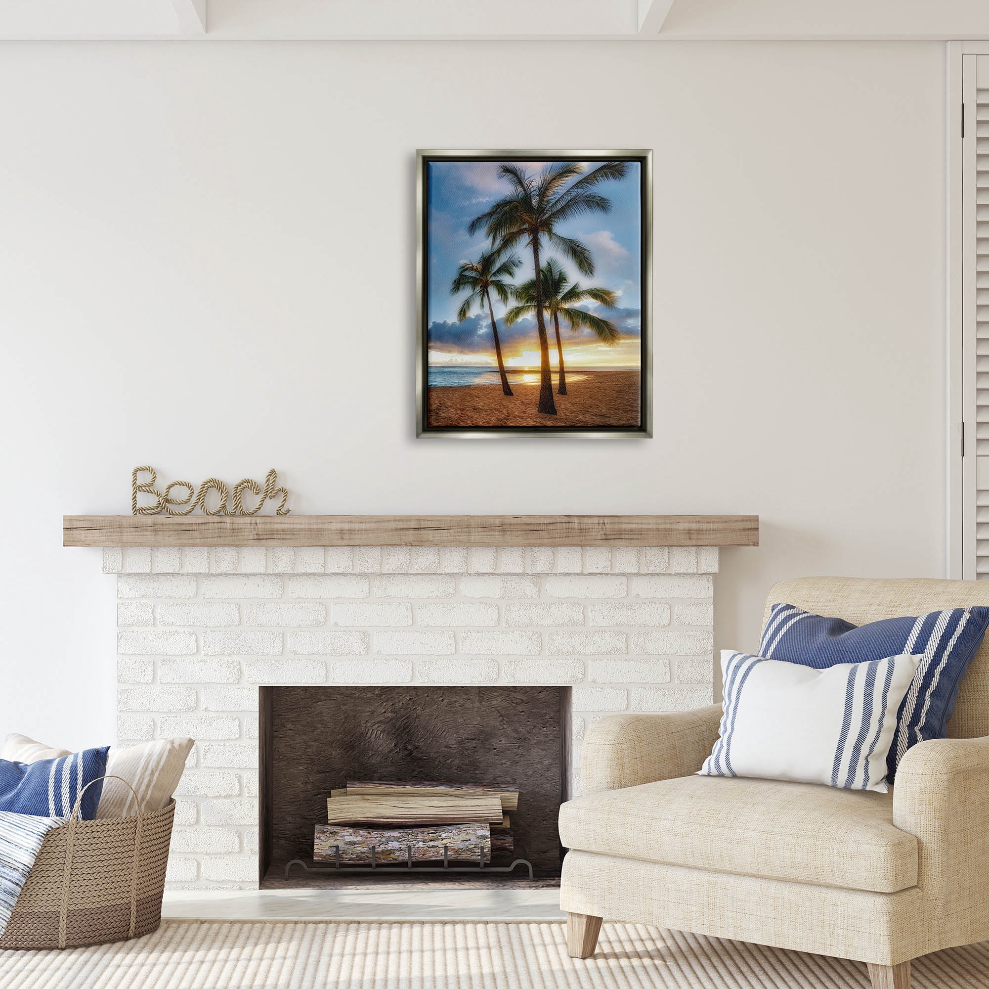 Stupell Industries Palm Trees Tropical Beach Cove Coastal Photography Gray Floater Framed Art Print Wall Art