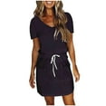 thumbnail image 1 of Bowake Summer Dresses for Women V Neck Short Sleeve Drawstring Casual Solid Color Loose Mini Dress with Pockets, 1 of 5