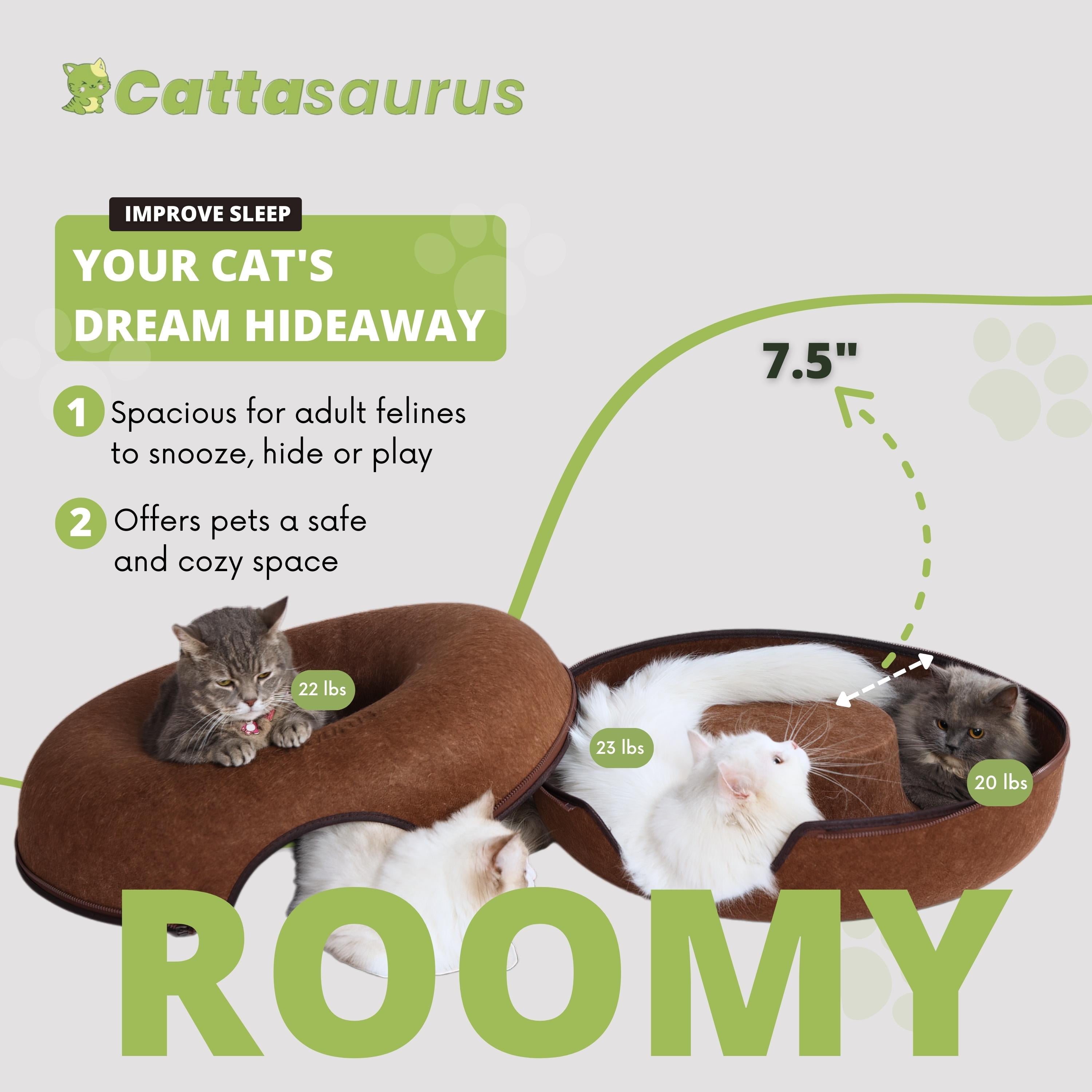 Cattasaurus Indoor Donut Felt Kitty Window Tunnel Bed, Detachable, Large, Brown