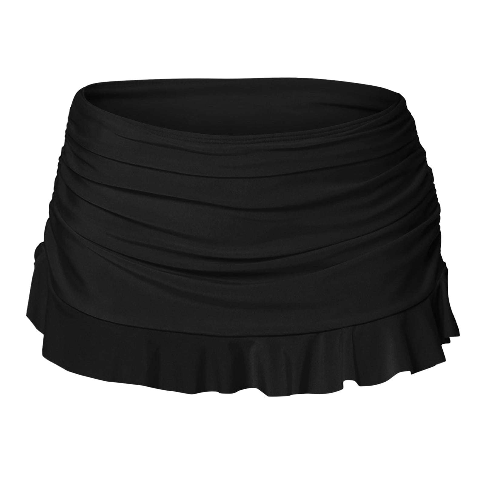 EliteGoogv Women One Piece Swim Bottoms High Waist Ruched Ruffle Hem Skirted Style Solid Color Modest Tummy Control Beach Swimwear Briefs,Black,L