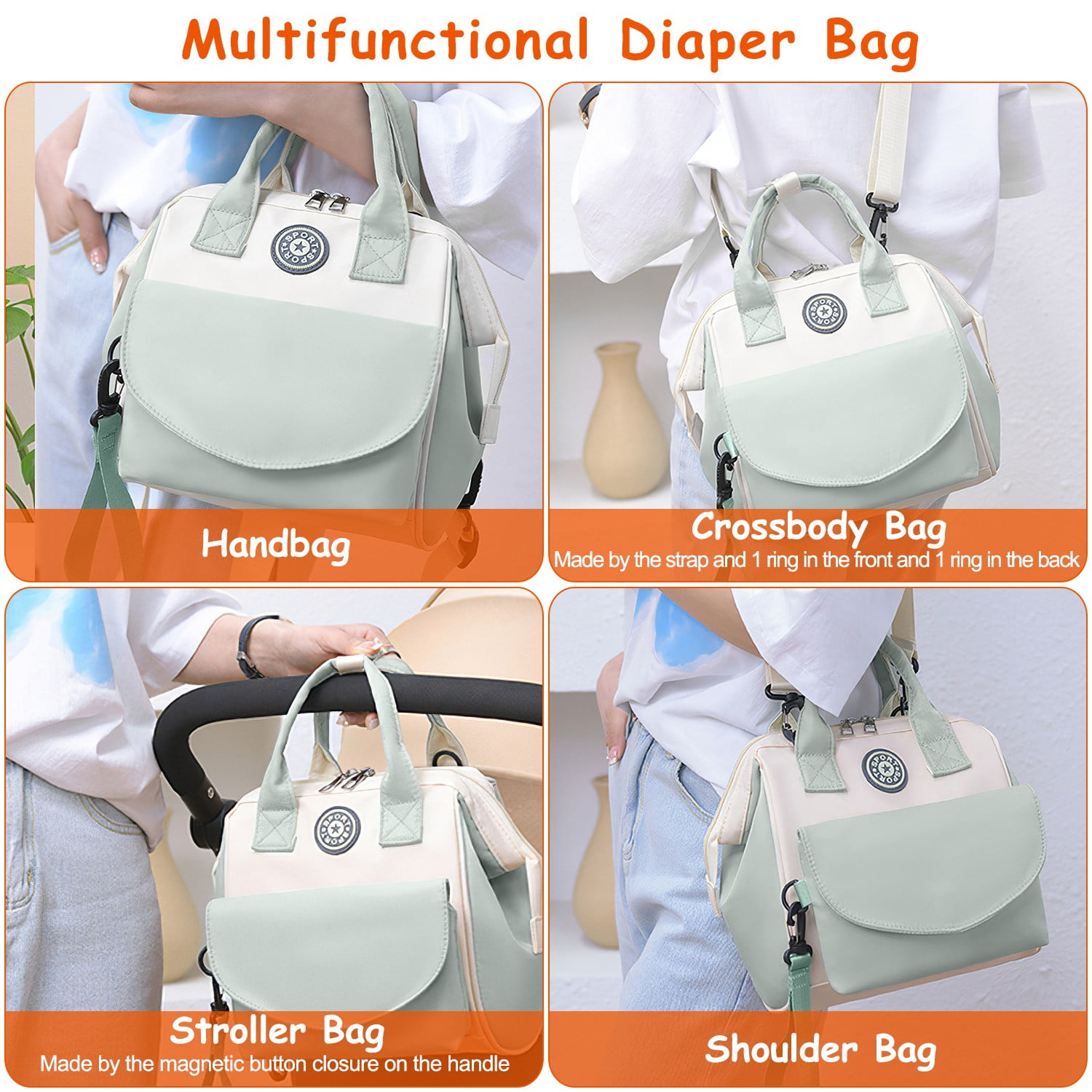 6 Pockets Multifunctional Diaper Bag Backpack  Mommy Nappy Bag w/ Insulated Pocket Green