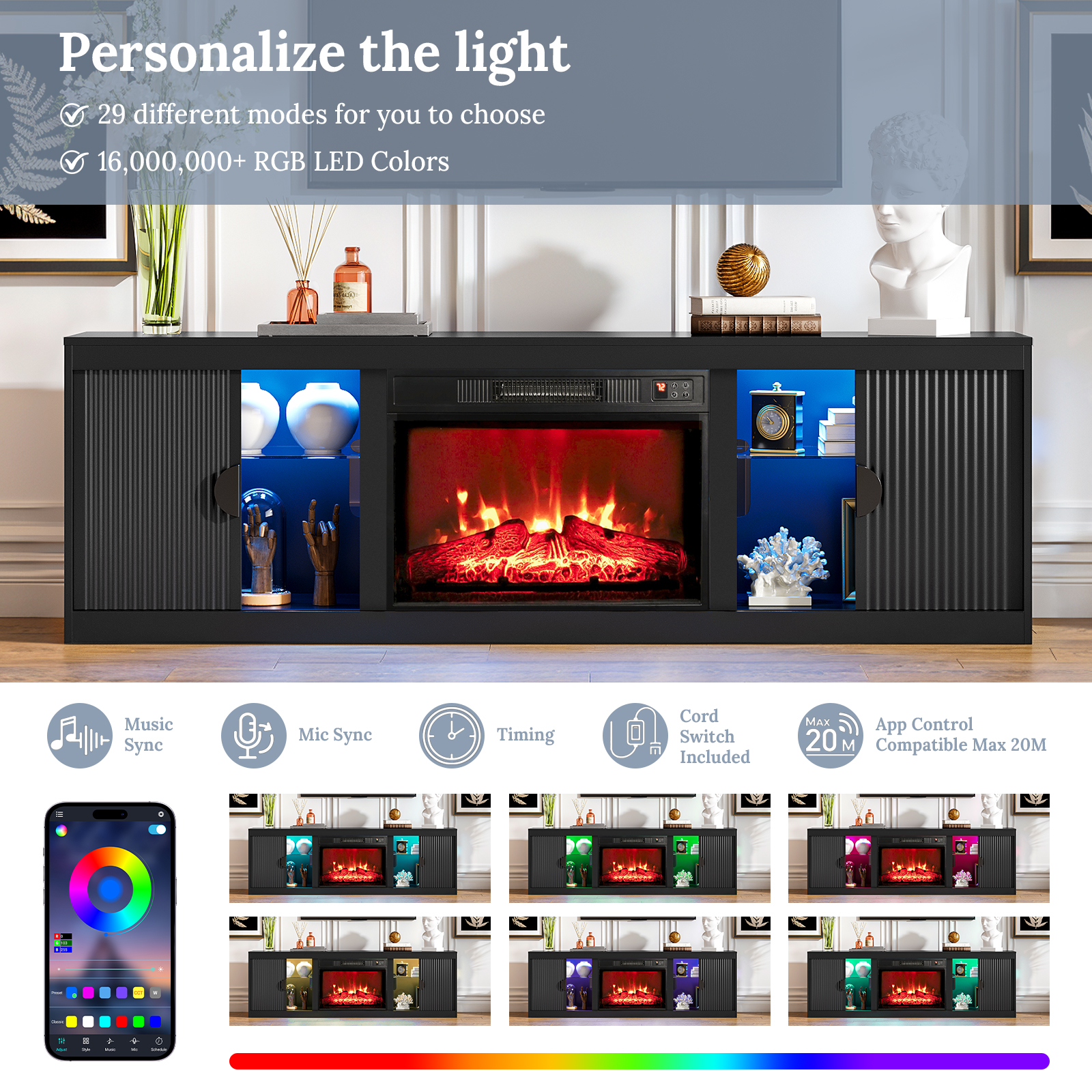 Holliwill 70" Fireplace TV Stand with LED Lights, Black photo 5