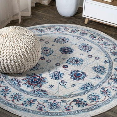 JONATHAN Y MDP101D-6R Modern Persian Vintage Moroccan Traditional Ivory/Blue/Red 6' Round Area Rug, Country Floral, Pet Friendly, Stain Resistant, Easy to Clean, for Living Room; Kitchen, Bedroom