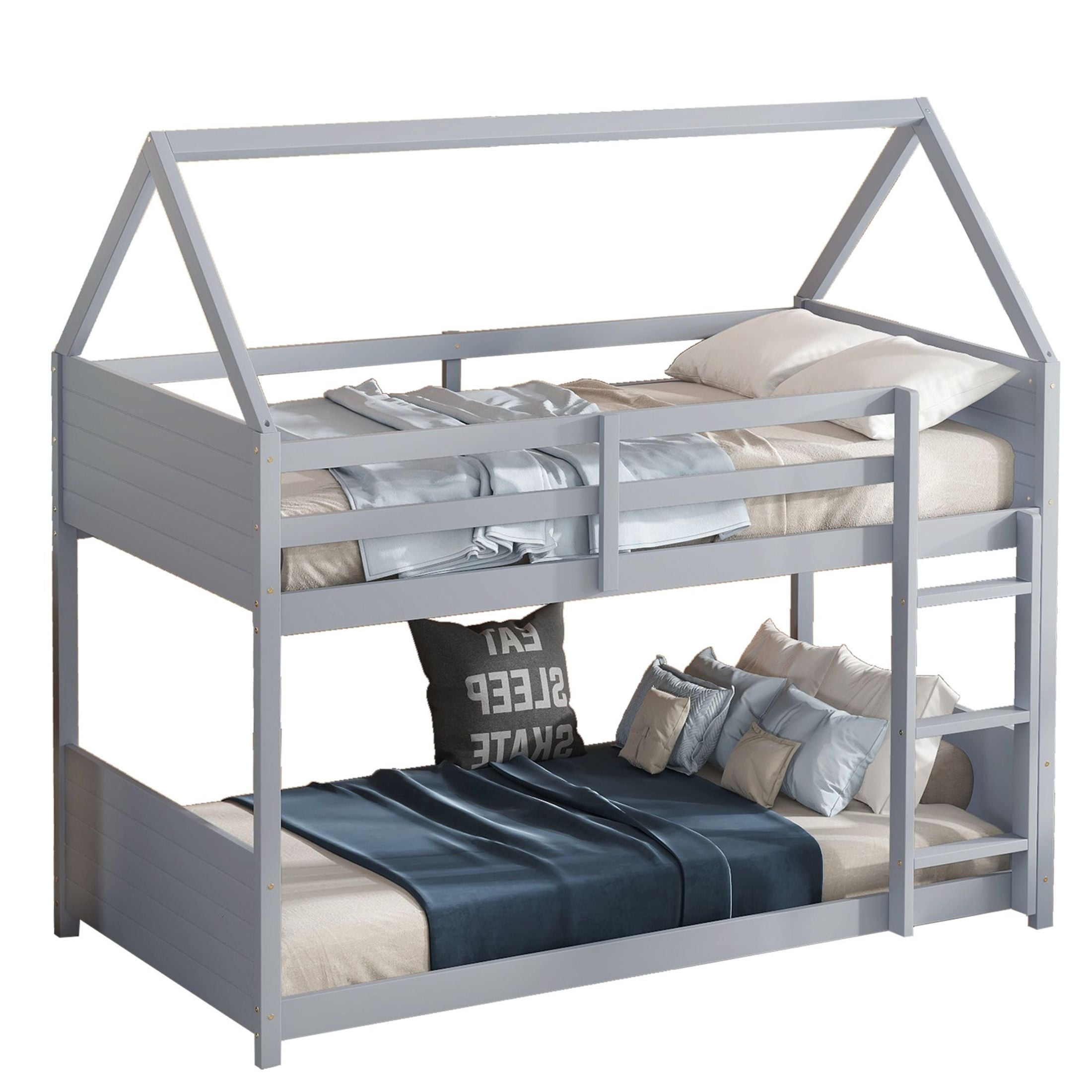 Noble House Twin Over Twin House Floor Bunk Bed, Rubber Wood Frame with Headboards, Guardrails & Ladder, Light Grey