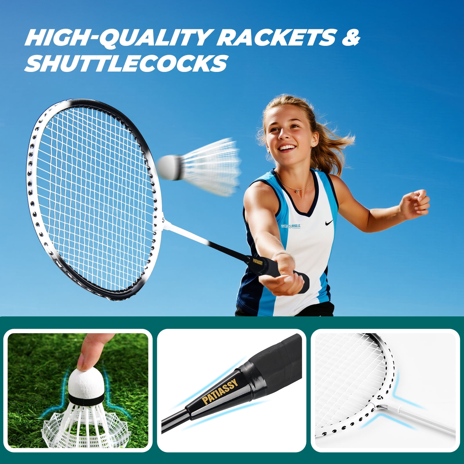 Patiassy Badminton Set with Grip Handle Portable Net 4 Rackets, Shuttlecocks, and Carrying Bag