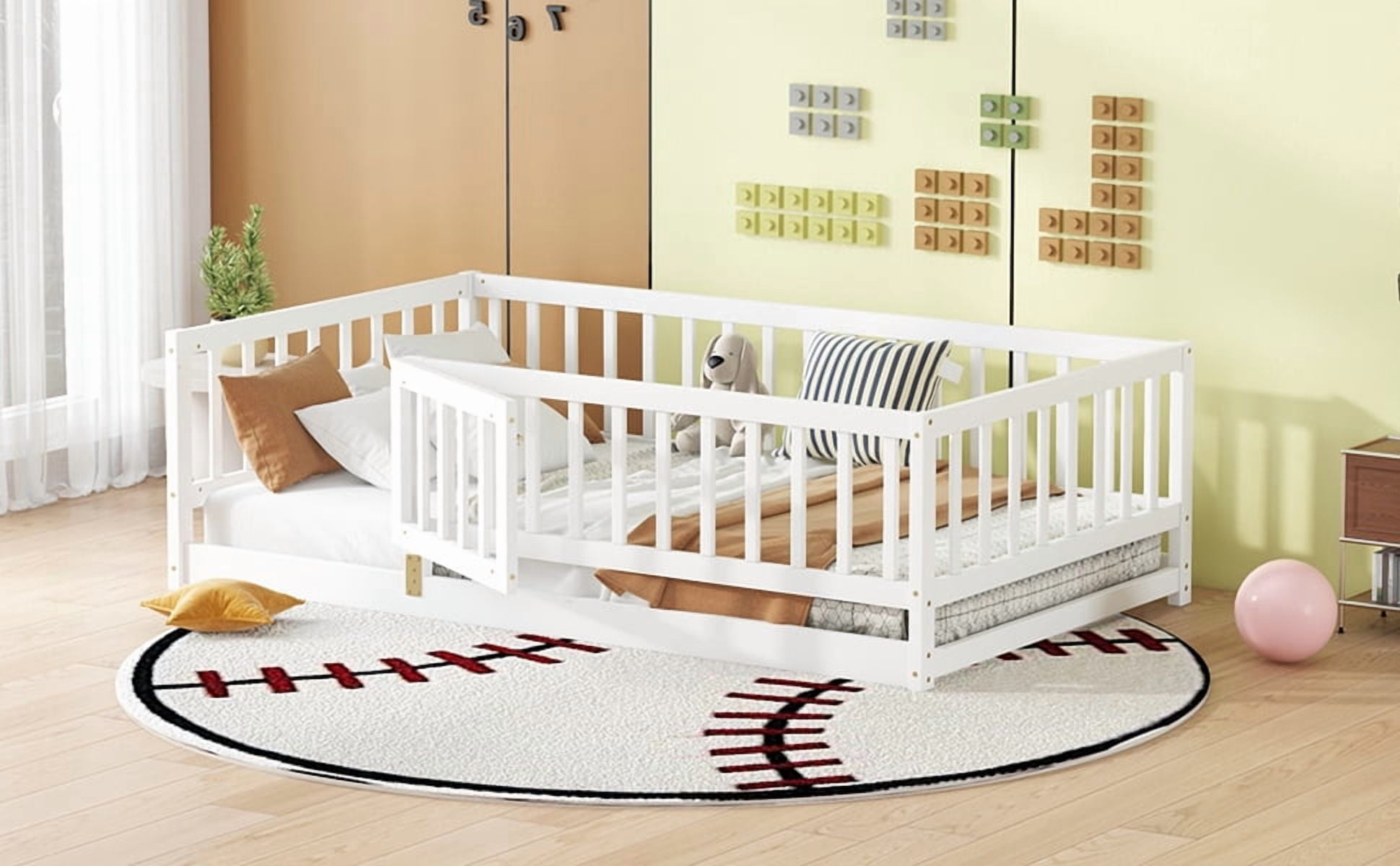Twin Size Floor Bed with Slats, Montessori Floor Bed with Fence and Door, Kids Montessori Bed Twin Size, Wood Montessori Floor Bed for Kids, Girls, Boys(Twin White)