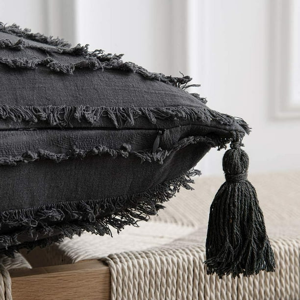 Xycca Grey Decorative Pillow Covers 2 Pack 12x20 Inch Boho Cotton Linen Rectangular Throw Pillow Cases With Tassels For Farmhouse Couch Sofa Chair D