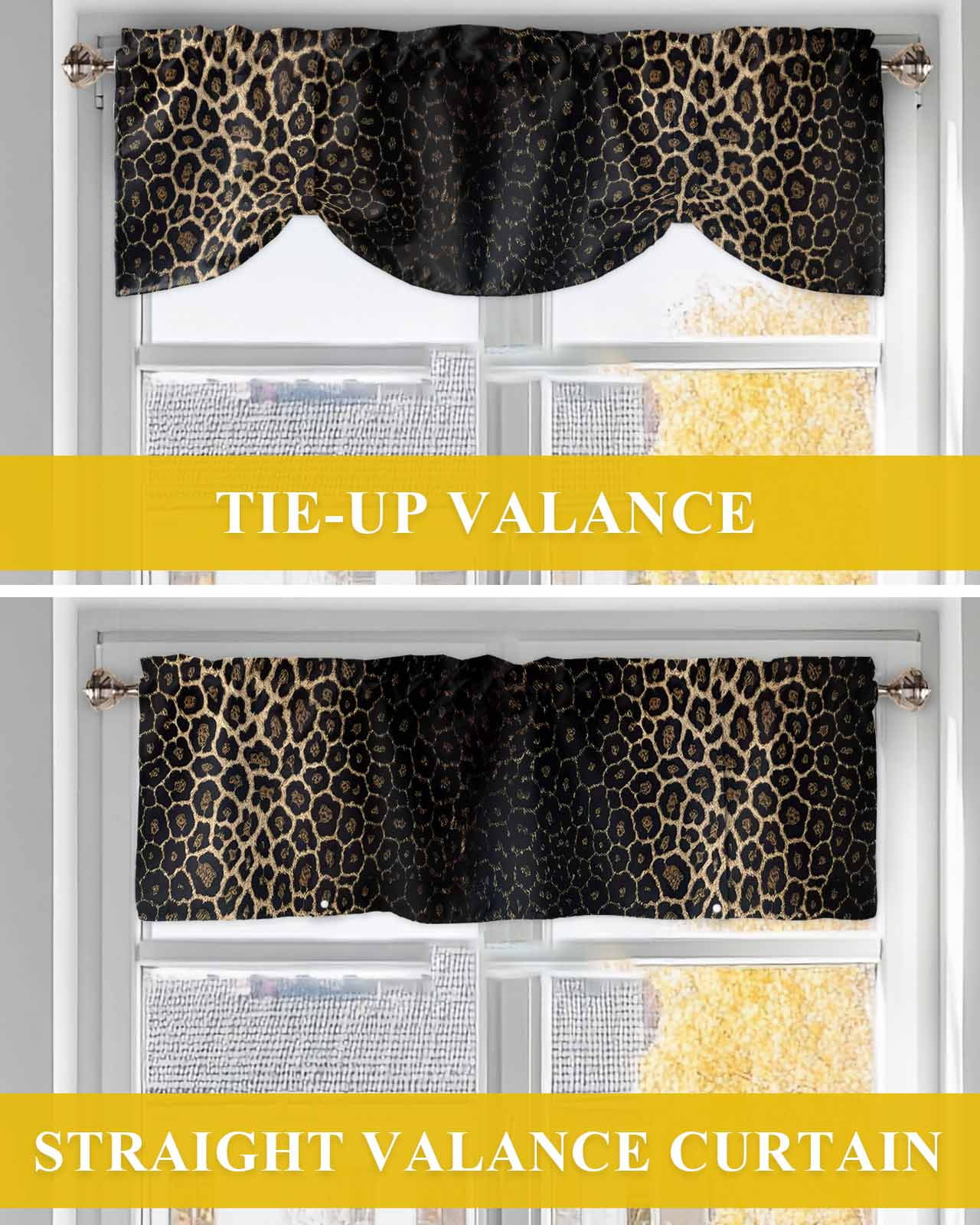 Leopard Print Tie Up Valances Curtain, Dot Gradient Texture Kitchen Valances for Windows Decor, Rod Pocket Short Curtains Set for Bedroom/Bathroom, 60"x18"