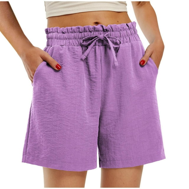 Diufon Women's Cotton Linen Shorts Elastic Waist Wide Leg Shorts Solid Color Drawstring Shorts with Pockets