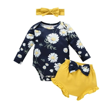 

EnJoCho Holiday Outfit for Baby Boys and Girls Fall and Winter Long Sleeve Round Neck Floral Romper + Solid Color Bow Ruffle Shorts + Hair Tie Little Child Trendy Clothing Holiday Casual Wear