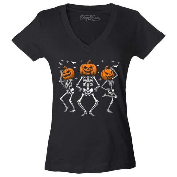 Shop4Ever Women's Dancing Jack O'Lantern Skeleton Halloween Pumpkin Skulls  Slim Fit V-Neck T-Shirt XX-Large Black