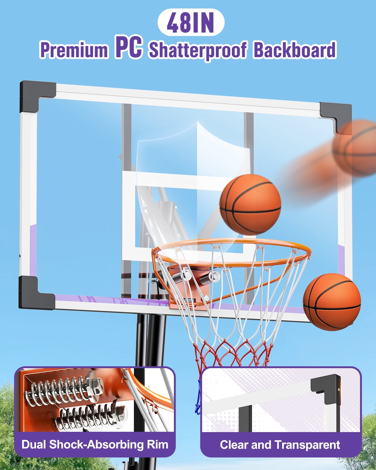 Toremore 48 Inch Portable Basketball Hoop, 5.25-10FT Adjustable Basketball Hoop with PC Backboard, Basketball Hoops & Goals for Kids/Teens/Adults in Backyard, Driveway & Indoor