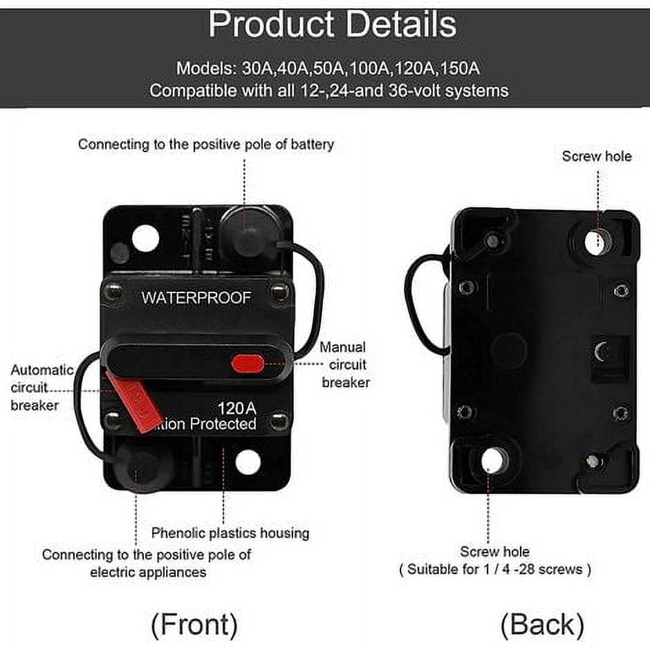 Car Circuit Breaker 30A - 150A, DC 12V - 48V Waterproof Circuit Breaker with Manual Reset for Motor Auto Car Marine Boat Bike Stereo Audio, 120A Cccanaooolceie