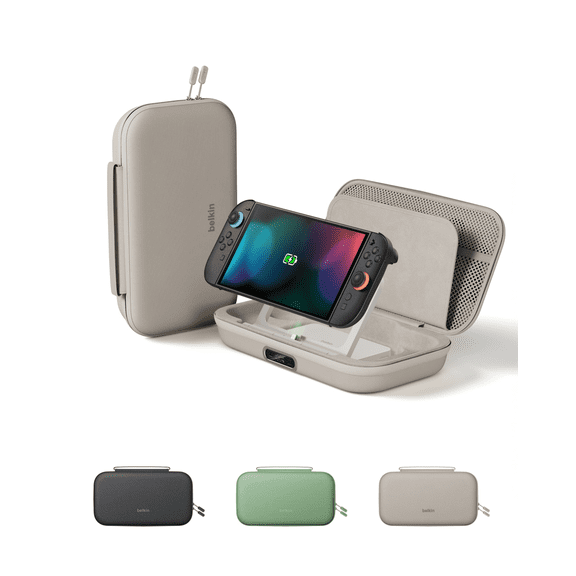 Belkin Charging Case Pro for Nintendo Switch 2, 10000mAh Power Bank, 30W Fast Charging w/ Kick Stand - Custom Fit, Hard Shell Carrying Case, 12 Game Card Slots, AirTag Holder, Digital Display - Sand