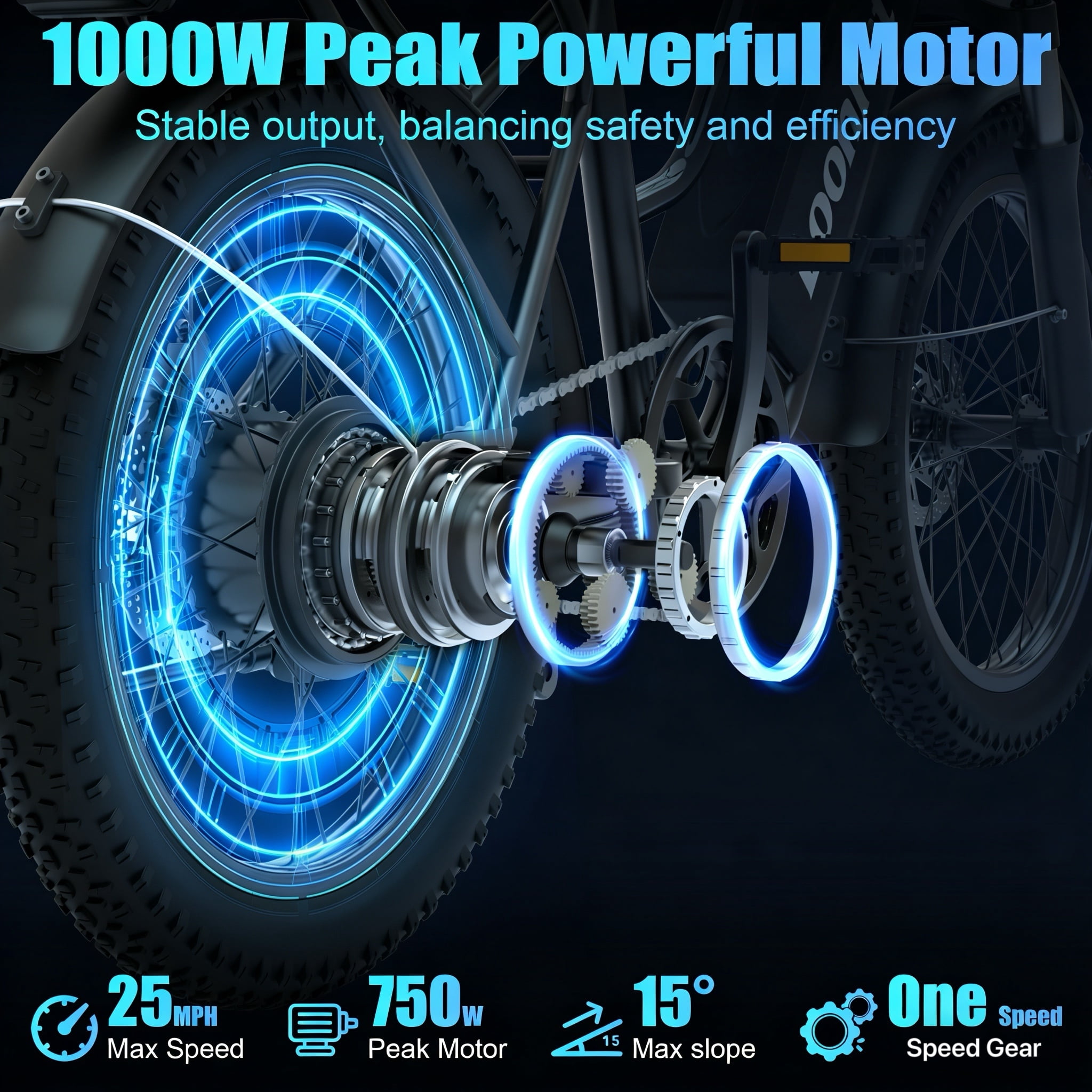 LoonFat T20 Adult Electric Bike, 1000W peak motor, 48V 15.6Ah removable battery, 20‘ x 3.0’ fat tyres, 25 mph, up to 30-mile range, black