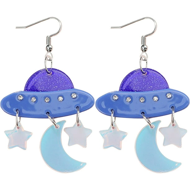 1 par de pendientes colgantes de dibujos animados con forma de nave espacial, luna y estrella para mujer
