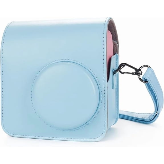 Instant mini SE Protective Camera Case Compatible with Instax Mini SE Film Camera, PU Leather Cover Bag with Pocket and Adjustable Shoulder Strap (Blue)