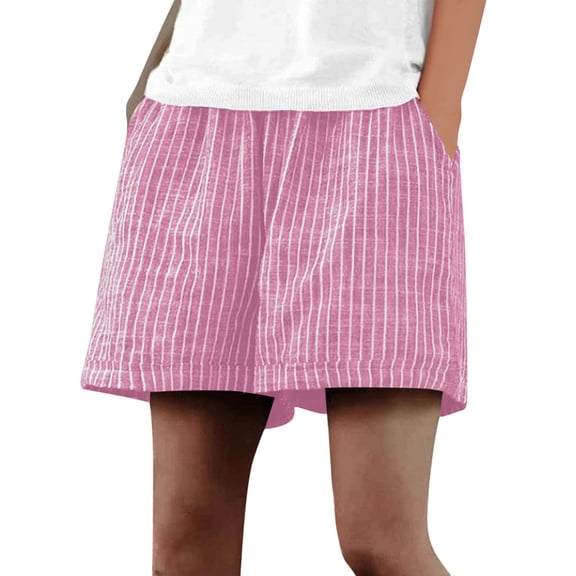 RQYYD Womens Elastic Waist Striped Linen Shorts Loose Fit Casual Summer Shorts with Pockets for Daily Wear