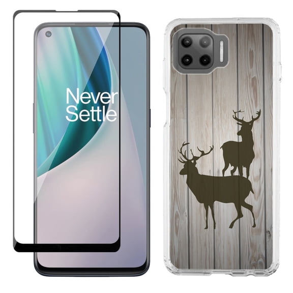 Slim-Fit Protective Phone Case compatible with Motorola Moto One 5G UW, with Tempered Glass Screen Protector, by OneToughShield ® - Wood/Deer