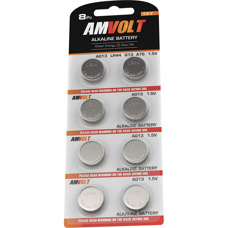 Amvolt 8 Pack LR44 AG13 Battery - [Ultra Power] Premium Alkaline 1.5 Volt  Non Rechargeable Round Button Cell Batteries for Watches & Electronic