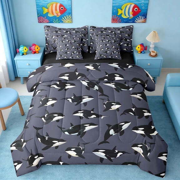 Manfei Cartoon Orca Dark Gray Twin Bedding Sets for Kids Boys and Girls, Nautical Marine Print Bedding Comforter Set, Black Reversible 7-Piece