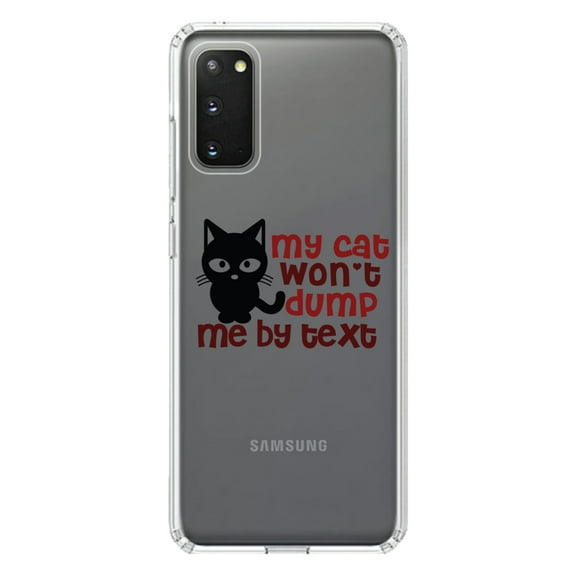 DistinctInk Clear Shockproof Hybrid Case for Galaxy S20 PLUS / 5G (6.7" Screen) - TPU Bumper Acrylic Back Tempered Glass Screen Protector - My Cat Won't Dump Me By Text