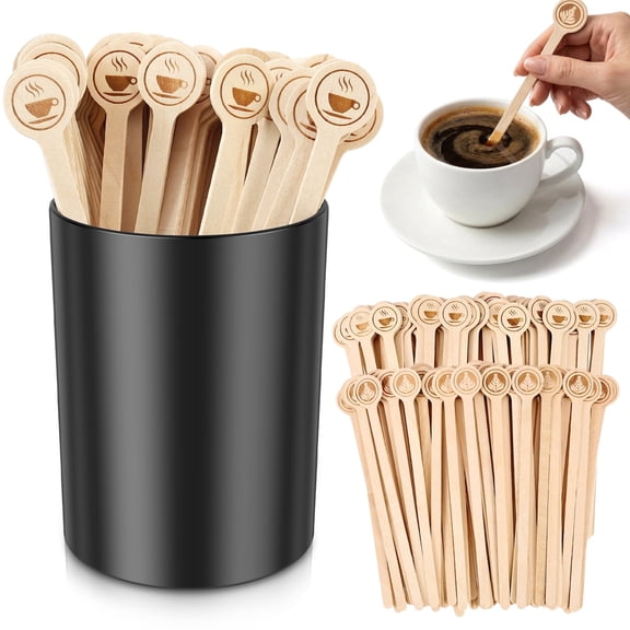 200 Pcs Wooden Coffee Stirrers with Storage Holder, 5.9" Disposable Beverage Stir Sticks-Friendly Wood Drink Stirrer for Coffee Bar, Cafe, Office