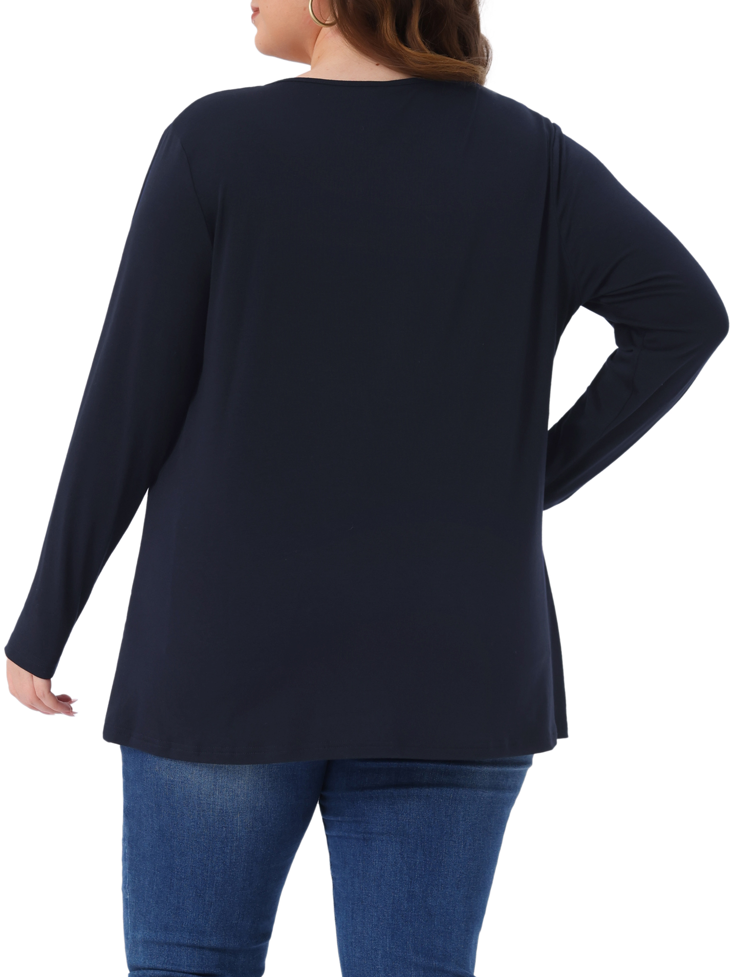 DARING DIVA Women's Plus Long Sleeve V Neck Button Loose Top 3X Dark Blue