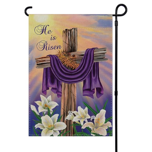shiyou-Linen He Is Risen Garden Flag Double Sided Christian Cross Flower Happy Easter Spring Summer Party Decorations and Supplies for Home-12×18''