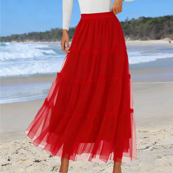 Women's Maxi Tulle Mesh Skirt High Waisted Flowy A Line Long Skirt Womens Summer Casual Solid Loose Fits Lightweight Comfy Boho Vacation Skirts Dress