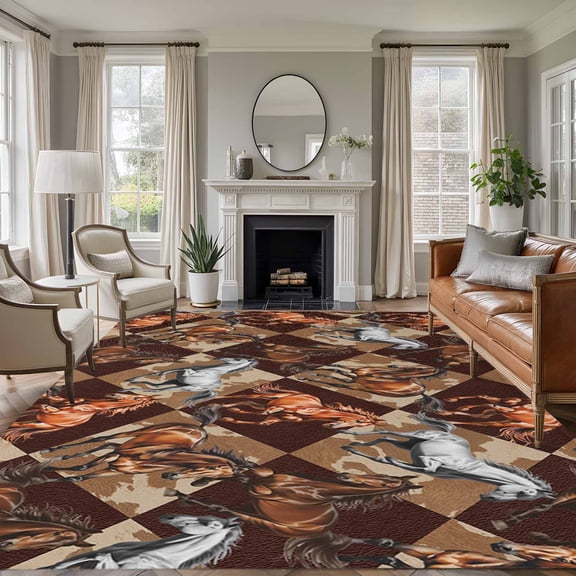 8x10 Area Rugs for Living Room, Vintage Gray Brown Horses Non Slip Area Rugs for Kitchen Bedroom Entryway, Farmhouse Plaid Country Animals Washable Carpet Runner Rug Floor Mats for Bedroom