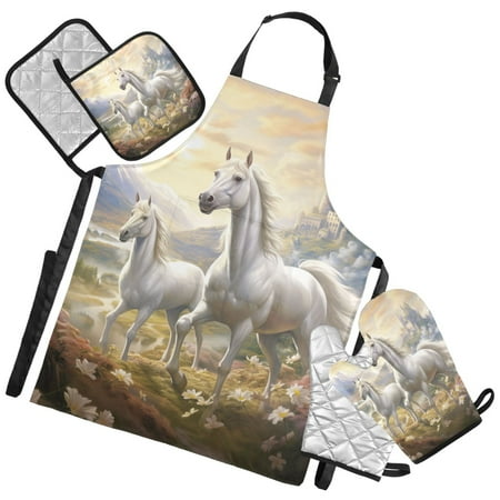 Ryvnso Two Horses Running Kitchen Apron Oven Mitts Set Pot Holders