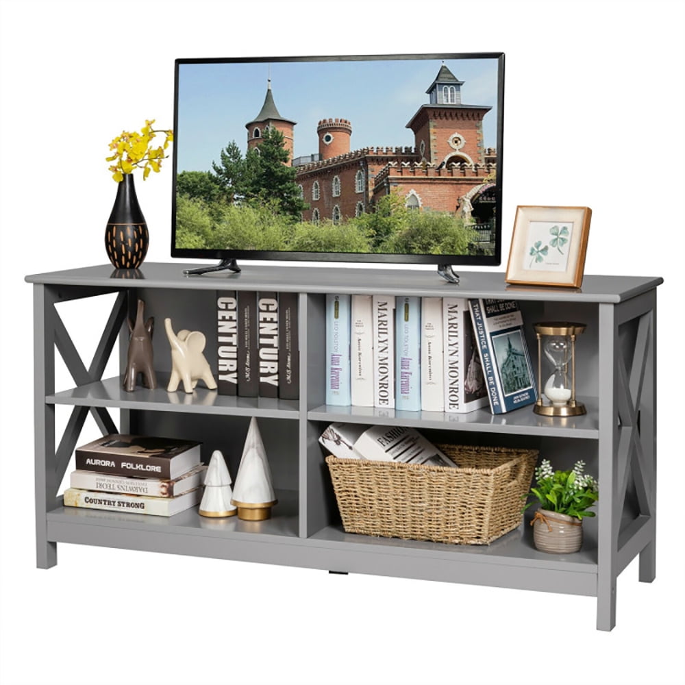 Finihen TV Stand, TV Cabinet, Wooden TV Stand Entertainment for TVs up to 55 Inch with X-Shaped Frame, Media Entertainment Center with Storage, for Living Room, Bedroom, Gray