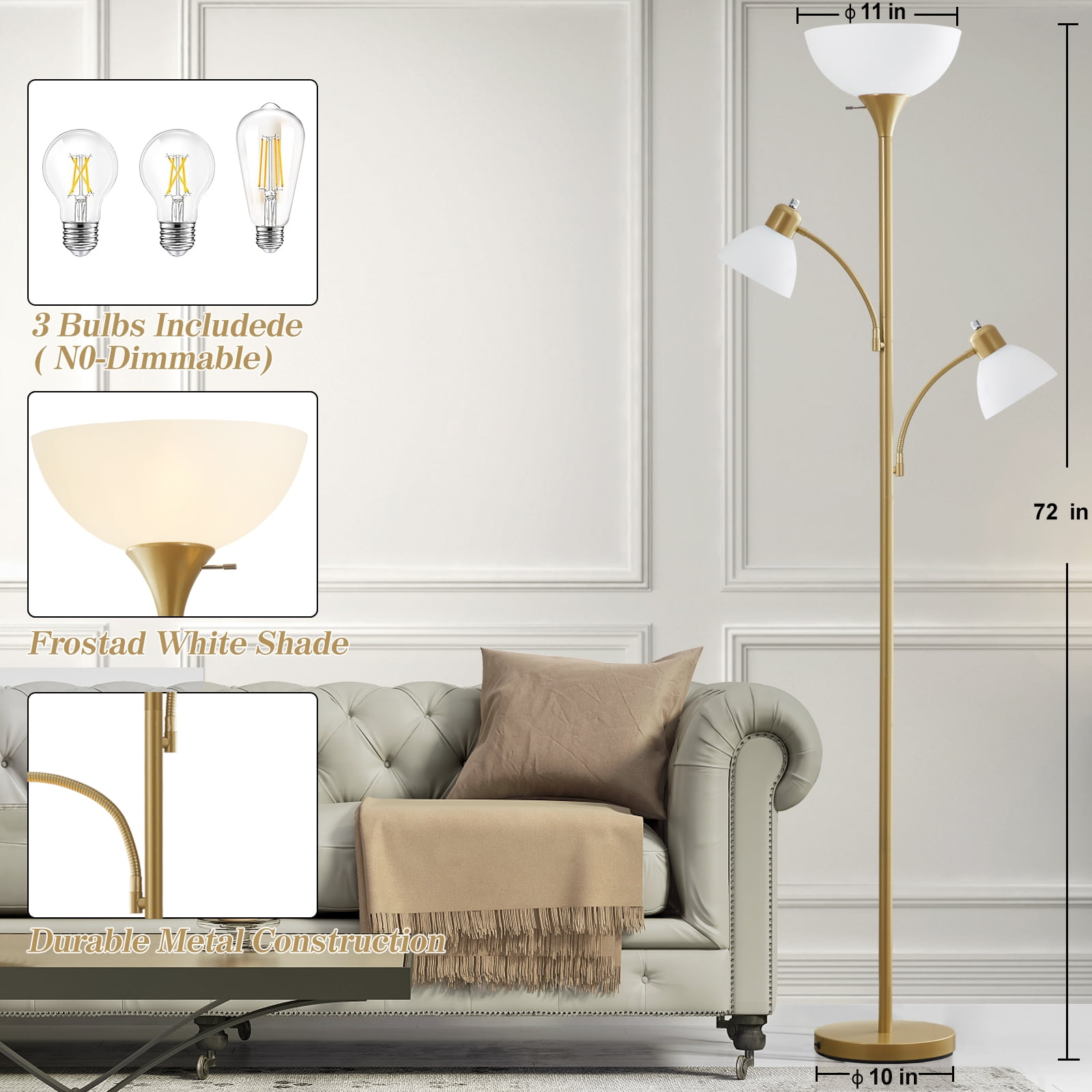 NATYSWAN Torchiere Floor Lamps for Living Room, 3 Light Tree Floor Lamp, Gold Modern Tall Standing Lamps, Industrial Bright Floor Lamp for Bedroom, Office, Dresser, 3 LED Bulbs Included